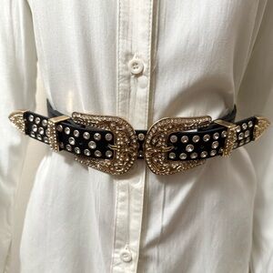 Black PU leather gold tone buckle western style elastic waistband skinny belt